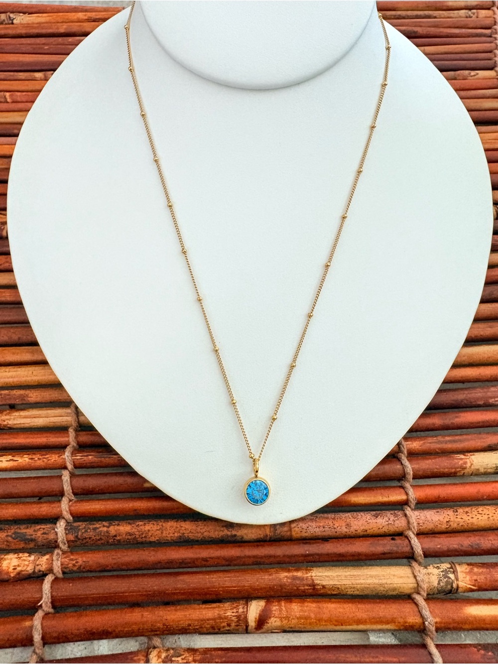 Atolea Gold Plated Necklace with Turquoise Blue Round Pendant 17.5”-19.5”